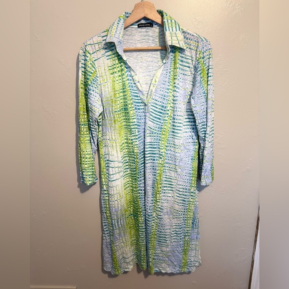 David Cline Crushed 3/4 Sleeve Lime Polo Dress Lightweight Flowy Boho Colorful L - Picture 3 of 13